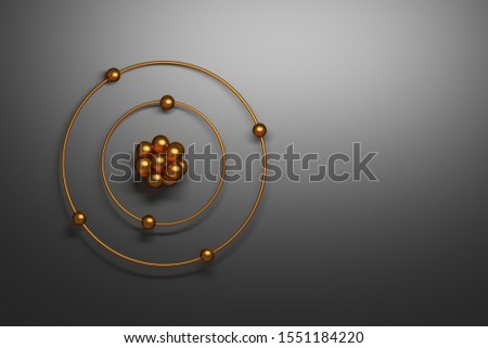 Carbon atom simplistic representation with golden nucleus, orbitals and electrons on black gray background. 3d illustration.