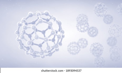 Carbon buckyball molecules, 3d illustration of Fullerene nanoparticles structure 