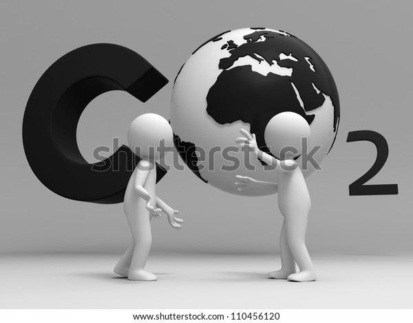 Carbon dioxide /earth/two people stand in\
front of the Carbon dioxide   symbol\
talking