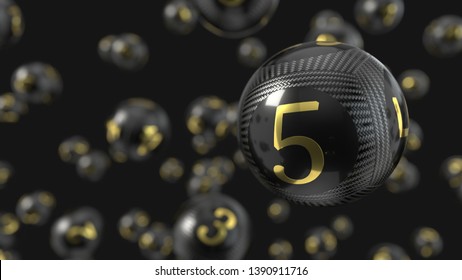 Carbon fiber lottery balls with golden numbers. suitable for lottery, bingo and other luck game themes. 3d illustration