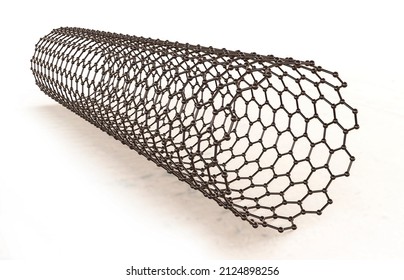 Carbon nanotube, 3D illustration showing hexagonal carbon structure of a nanotube, also known as buckytube