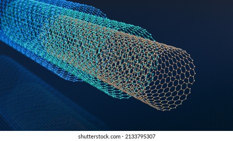 carbon nanotubes, graphene structure with carbon atoms, honeycomb, nanotechnology concept illustration (3d render)