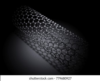 Carbon nanotubes molecular structure, atoms of carbon in wrapped hexagonal lattice on black background, 3d illustration