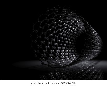 Carbon nanotubes molecular structure scheme, carbon atoms connected in wrapped hexagonal lattice. 3d illustration on black background