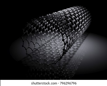 Carbon nanotubes molecular structure scheme, atoms of carbon connected in wrapped hexagonal lattice. 3d illustration on black background