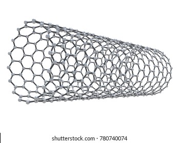 Carbon nanotubes molecule structure, atoms in wrapped hexagonal lattice isolated on white background, 3d illustration