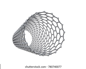 Carbon nanotubes molecule structure, atoms of carbon in wrapped hexagonal lattice isolated on white background, 3d render illustration