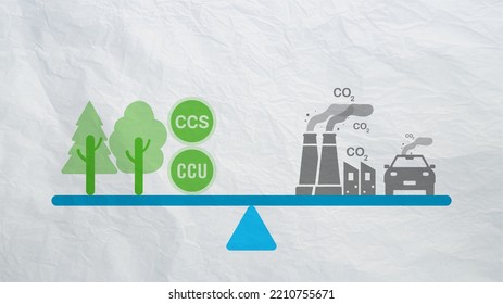 Carbon Neutrality Concept. Carbon Dioxide Reduction. CO2 Gas Emissions Balance With Carbon Absorbed By Trees And Carbon Capture Technology. CO2 Neutral Balancing Scale. Factory And Transport Pollution