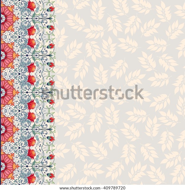 Card with border. Fantasy flowers and floral\
design Seamless ornament with\
leaves.