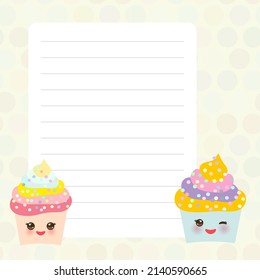 Card design with Kawaii Cupcake, muffin with beige pastel colors polka dot lined page notebook, template, blank, planner background.  - Powered by Shutterstock