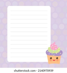 Card design with Kawaii Cupcake, muffin with purple pastel colors polka dot lined page notebook, template, blank, planner background.  - Powered by Shutterstock