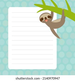 Card design with Kawaii sloth with blue pastel colors polka dot lined page notebook, template, blank, planner background.  - Powered by Shutterstock