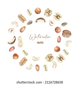Card design with nuts. Raw pecan, walnut, almond, pistachio, peanut, macadamia, hazelnut and cashew. Hand drawn watercolor illustration of organic food for packaging, label, card.