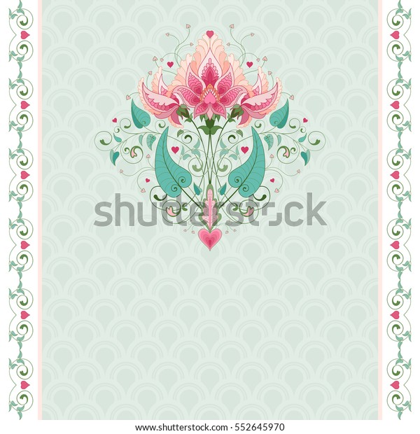 Card with fantasy\
floral element and borders. Delicate ornament on backdrop. Place\
for your text. All design elements consist of hearts. Wedding or\
Valentine\'s Day.