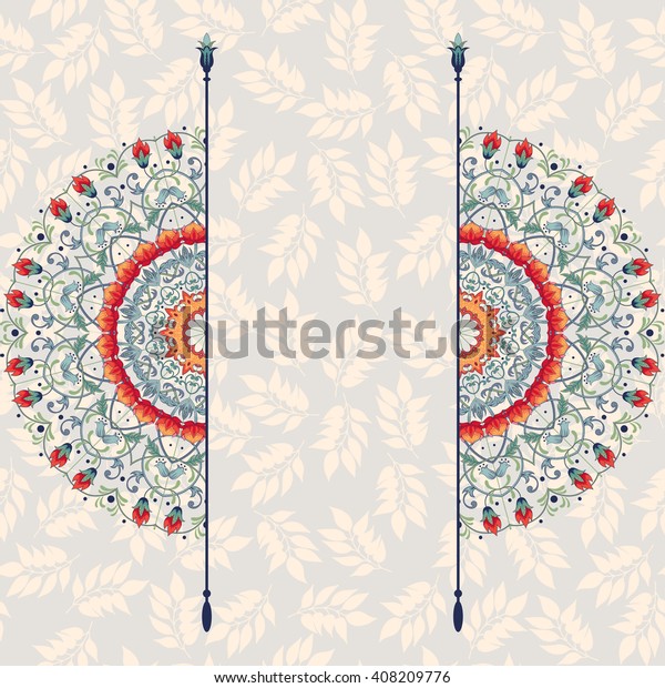 Card  with floral round\
pattern with fantasy flowers. Ornament with leaves. Place for your\
text.