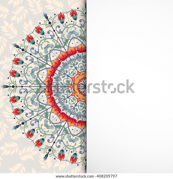 Card. Floral round pattern.\
Pattern with fantasy flowers. Ornament with leaves. Place for your\
text.