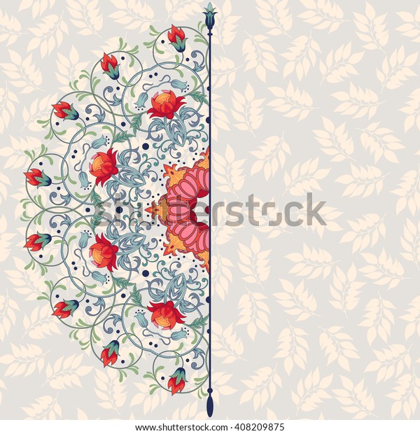 Card with floral round\
pattern with fantasy flowers. Delicate ornament with leaves. Place\
for your text.