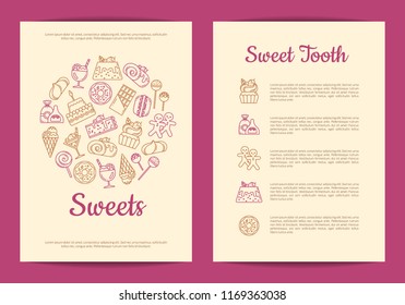  card or flyer template for pastry or confectionary shop with linear style sweets icons. Sweet pastry banner, cream and cake illustration - Powered by Shutterstock