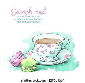 Card With Painted Watercolor French Dessert Macaroons And A Cup Of Tea