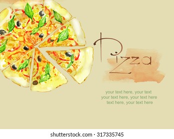 card with painted watercolor pizza - Powered by Shutterstock