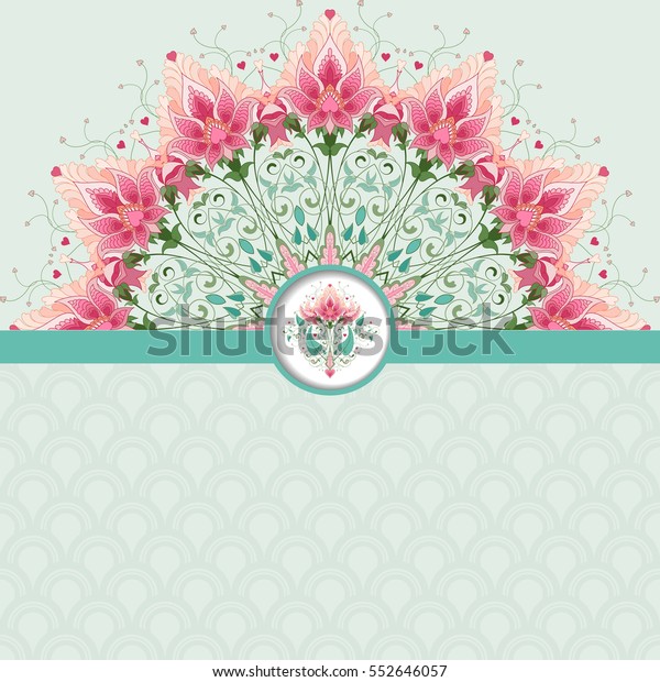 Card. Round fantasy\
floral pattern and ribbon. Delicate ornament on backdrop. All\
design elements consist of hearts. Wedding or Valentine\'s Day.\
Place for your\
text.
