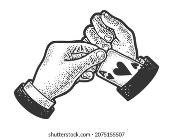 Card Sharp Cheater With Ace Card In The Sleeve Sketch Engraving Raster Illustration. T-shirt Apparel Print Design. Scratch Board Imitation. Black And White Hand Drawn Image.