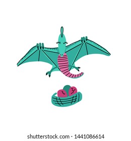 Card Template With Cute Dino Pterodactyl Flying Over The Nest With Eggs. Hand Drawn Scandinavian Graphic For Typography Poster, Card, Label, Brochure, Flyer, Page, Banner, Baby Wear, Nursery