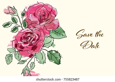 Card Template Design with Pink Watercolor Roses illustration