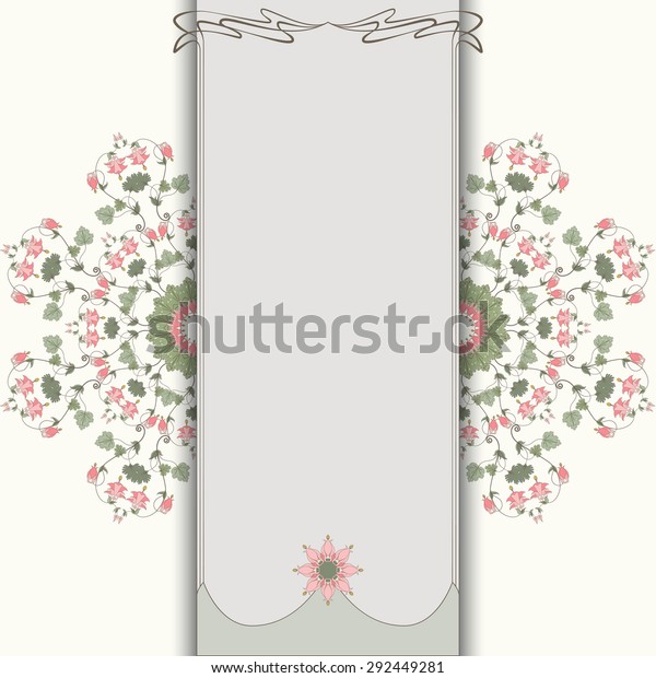 Card with vintage round pattern in modern style.\
Aquilegia plants contain flowers, buds and leaves. Insertion for\
your text. 