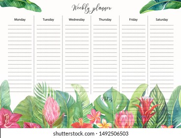 Card with watercolor illustration of tropical flowers and leaves isolated on white background. Planner/ To do note