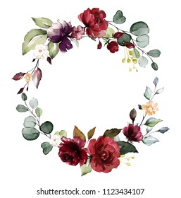 Card. Watercolor invitation design with burgundy and red roses, leaves. flower, background with floral elements , botanic watercolor illustration. Vintage Template. wreath, round frame 