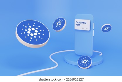 Cardano Ada Token Premium Crypto DeFi Coins Set With A Mobile Phone Mockup Distributed On An Isolated Infinity Background 3d Rendering Illustration