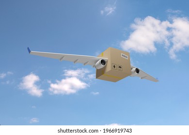 Cardboard Box With Airplane Wings On A Blue Sky Background. Shipping Concept. 3d Illustration.