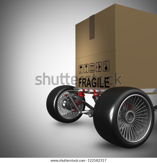 Cardboard box with big car wheel High resolution\
3d render