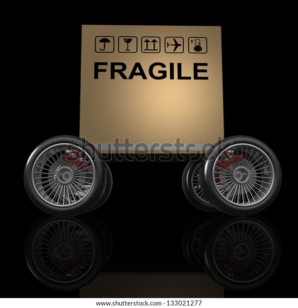 Cardboard box with big car wheel\
isolated on black background. High resolution 3d\
render
