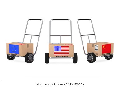 Cardboard Box With China, USA And EU Flag Over Hand Truck On A White Background. 3d Rendering 