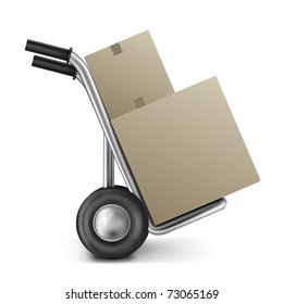 cardboard box hand truck two brown boxes on trolley with copy space image for online internet shopping delivery and shipping of shop or store order and sending package isolated logistics empty space