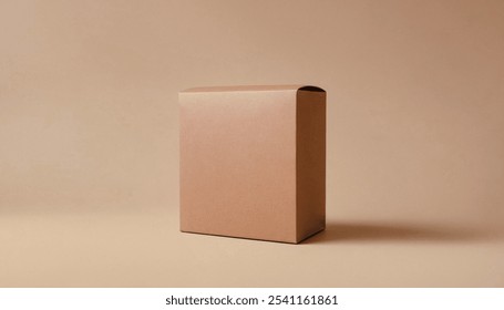 Cardboard box, isolated on a tan background, with a simple, minimal aesthetic. Premium packaging box mockup for displaying a marketing advertisement for a product.