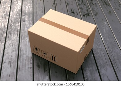 Cardboard Box On Porch Floor In Front Of Entrance Door. Doorstep Parcel Delivery, Free Shipping, And Online Shopping Concept. 3D Illustration