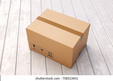 Cardboard Box On Porch Floor In Front Of Entrance Door. Doorstep Parcel Delivery, Free Shipping, And Online Shopping Concept. 3D Illustration