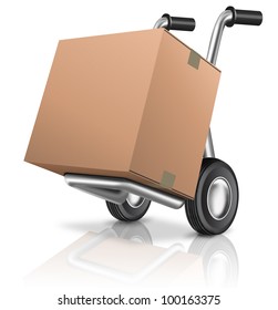 cardboard box on sack hand truck with copy or empty space isolated on white concept for online internet web shop or storage and moving or relocation box