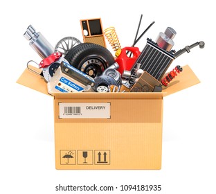 Cardboard Box, Parcel With Car Parts. 3D Rendering Isolated On White Background