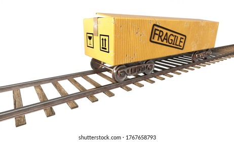 Cardboard Box Traveling On An Endless Straight Railway Like A Train, Carrying Fragile Stuff. 
Isolated On White Background. Creative Illustration Of Transportation. 3D Rendering.