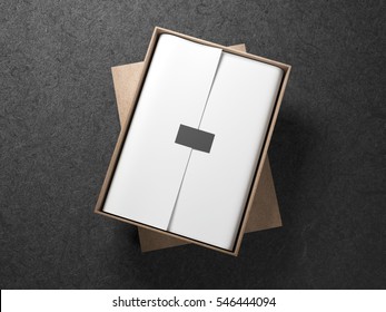 Cardboard Box With White Wrapping Paper And Black Label Sticker. 3d Rendering