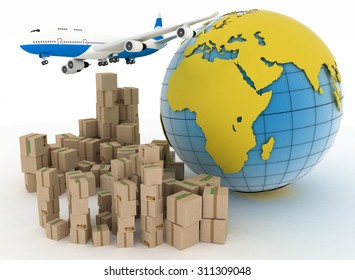 Cardboard boxes and airplane in the globe background. Concept transportation of goods worldwide