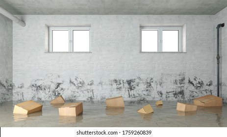 Cardboard Boxes Float In The Water After Water Damage In The Basement Due To Flooding Or Flooding (3D Rendering)