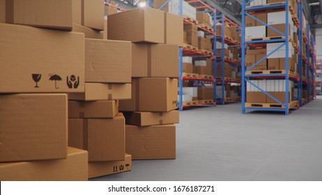 Cardboard boxes in middle of the warehouse, logistic center. Huge modern warehouse. Warehouse filled with cardboard boxes on shelves, boxes stand on pallets. Transportation system, 3D Illustration