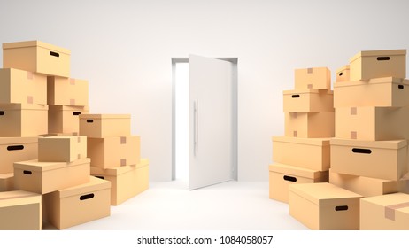 Cardboard boxes on floor in white room and open door. House moving concept. 3D Rendering.