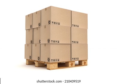 Cardboard boxes on pallet. Cargo, delivery and transportation logistics storage.
