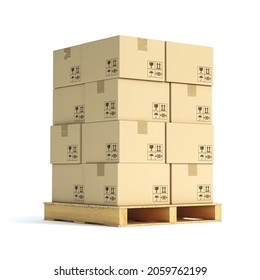 Cardboard boxes on wooden palette 3d illustration